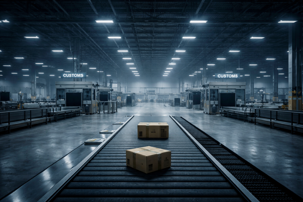 Hangar de dédouanement vide suite à la taxe sur les petits colis